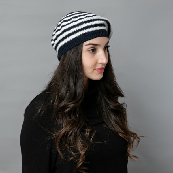 RIVIÉRA" NAVY BLUE & WHITE FINE KNIT BERET - Image 2