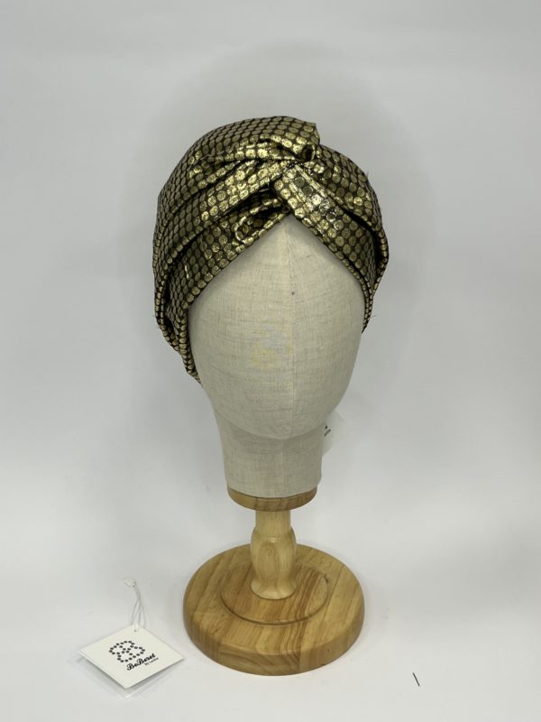 Turban "JUDITH" - BLACK WITH GOLDEN PRINTED STAPLES